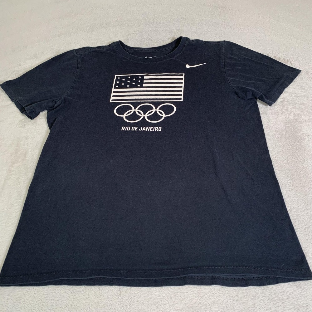 USA Olympics Shirt Mens Medium Black Nike Rio 2016 Flag Rings Olympic Tee Cotton